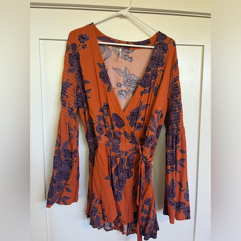 Free People, floral top, long sleeve, worn once, ties in 2 different pieces